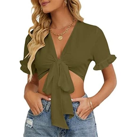 Tops - Women's Deep V Neck Crop Top, Army Green